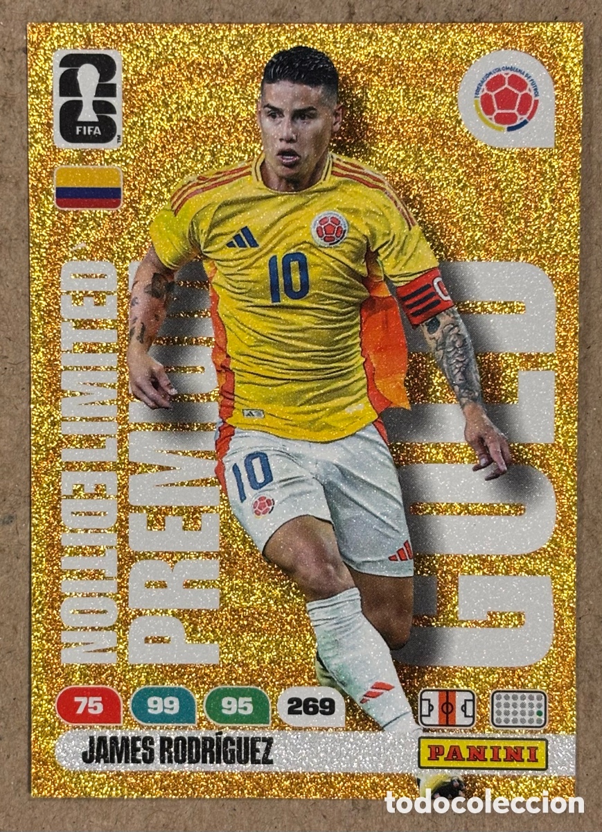 Fu&szlig;ball-Sticker: JAMES RODR&Iacute;GUEZ (COLOMBIA). CARTA LIMITED EDITION PREMIUM GOLD PANINI ADRENALYN XL FIFA WORLD CUP 26