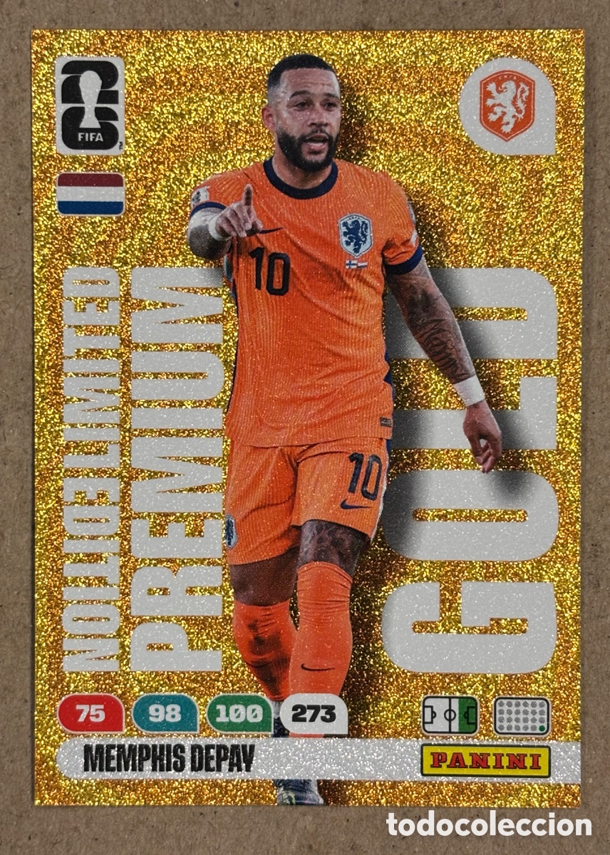 Cromos de F&uacute;tbol: MEMPHIS DEPAY (HOLANDA). CARTA LIMITED EDITION PREMIUM GOLD PANINI ADRENALYN XL FIFA WORLD CUP 2026