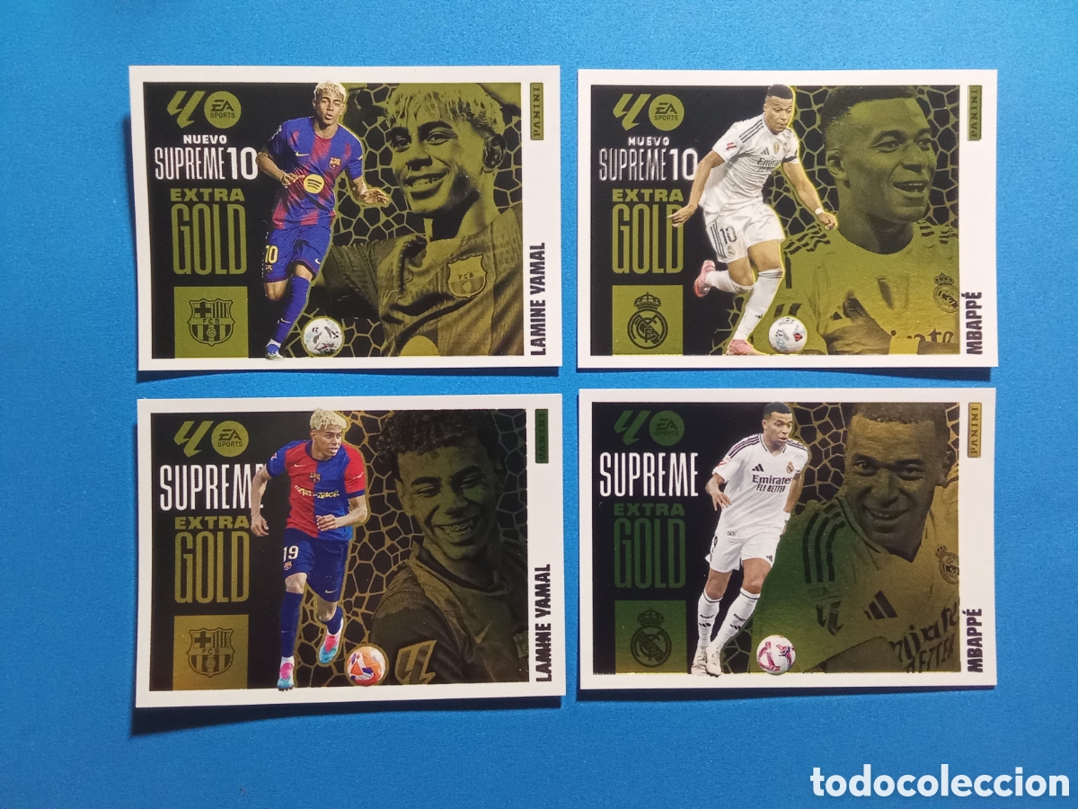 Cromos de F&uacute;tbol: LOTE 4 EXTRA GOLD SUPREME 10 Y SUPREME LAMINE YAMAL Y MBAPPE 25-26