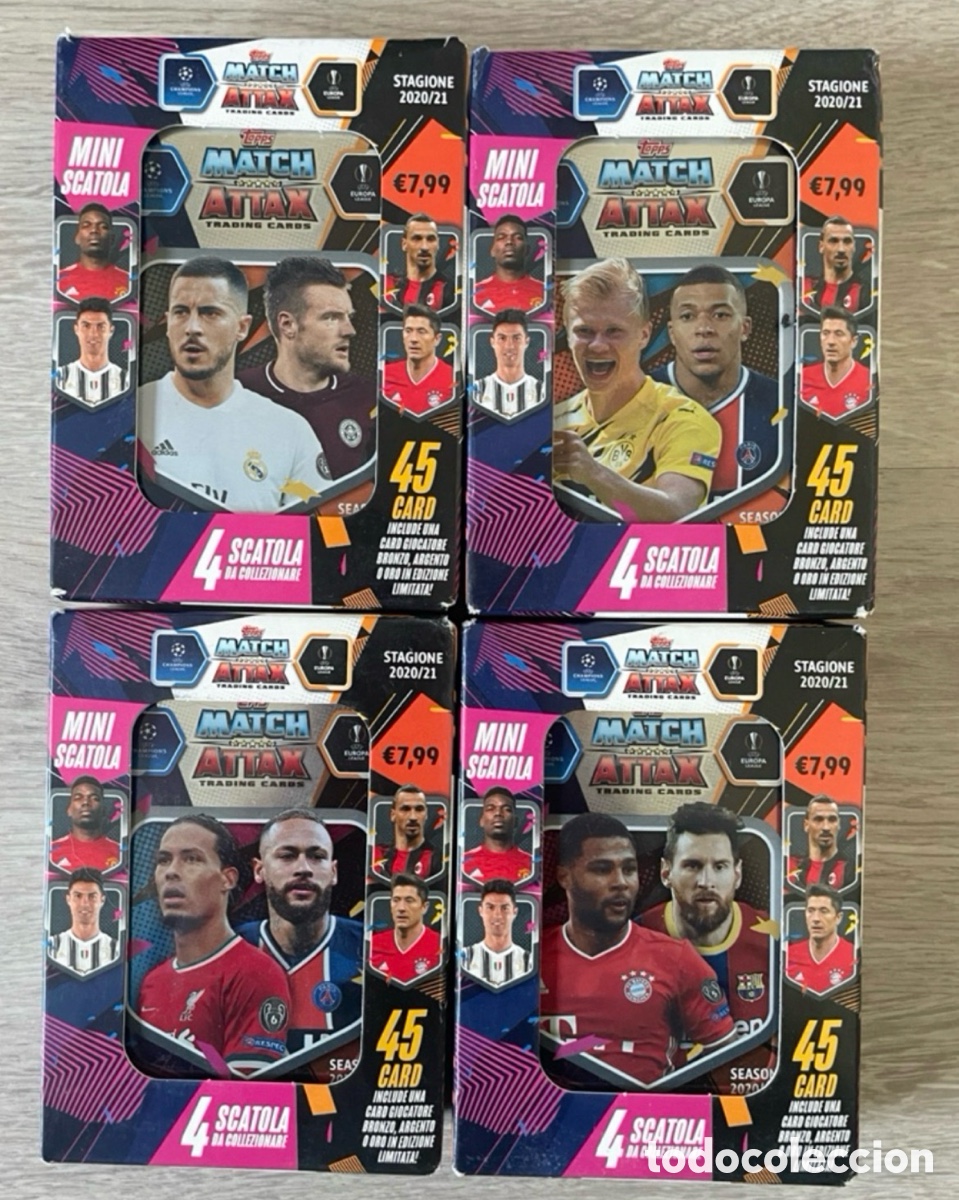 Cromos de F&uacute;tbol: Lote 4 latas Match Attax 2020-21 Topps Messi, Cristiano Ronaldo, Mbappe, Haaland, Neymar