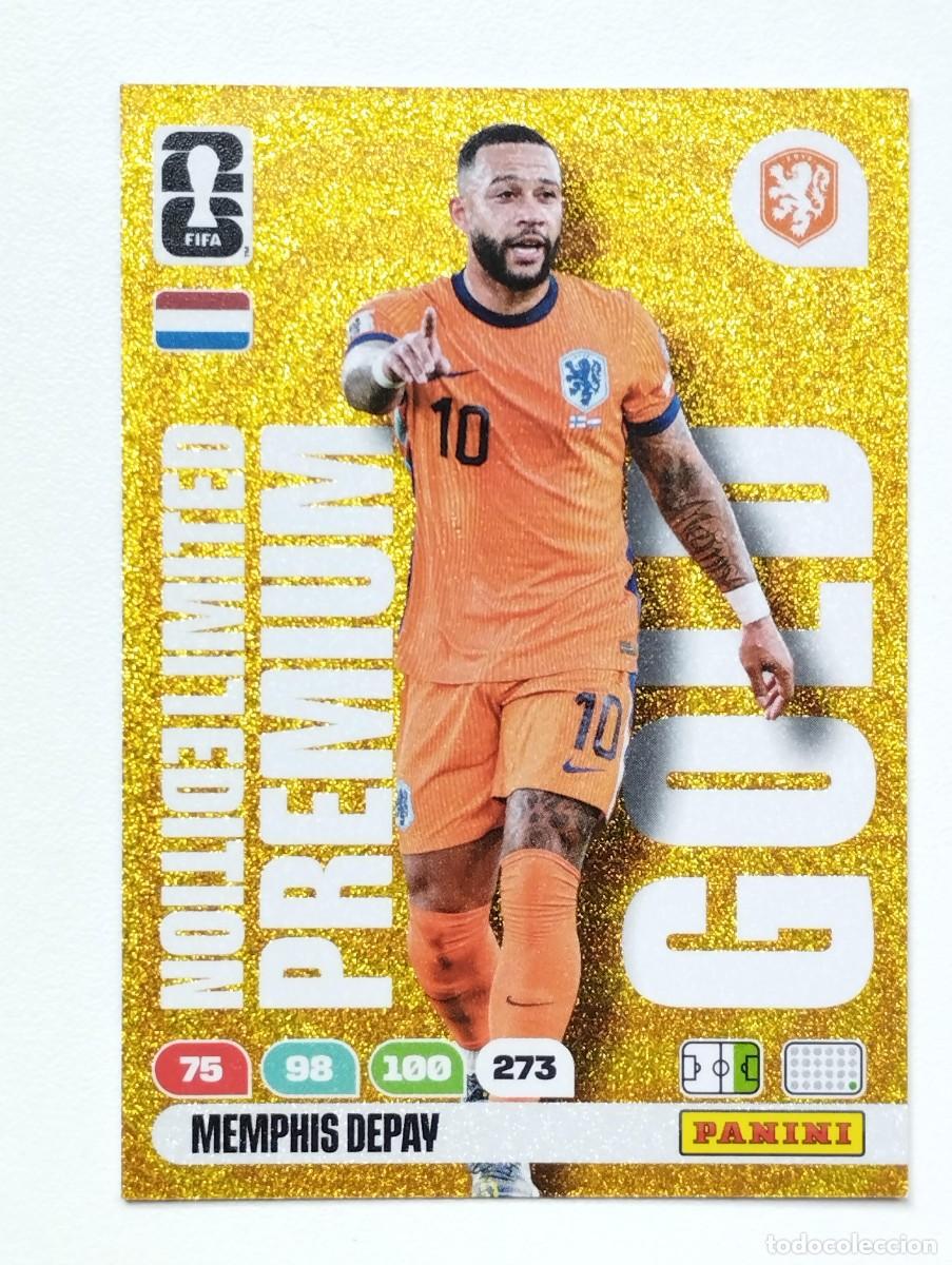 Cromos de F&uacute;tbol: CROMO CARD ADRENALYN MUNDIAL WORLD CUP 2026 PREMIUM GOLD LIMITED EDITION MEMPHIS DEPAY HOLANDA