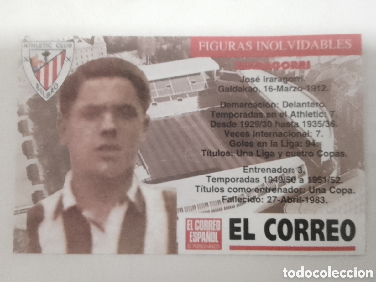 Cromos de F&uacute;tbol: Cromo El Correo Figuras Inolvidables Athletic Club Bilbao IRARAGORRI.