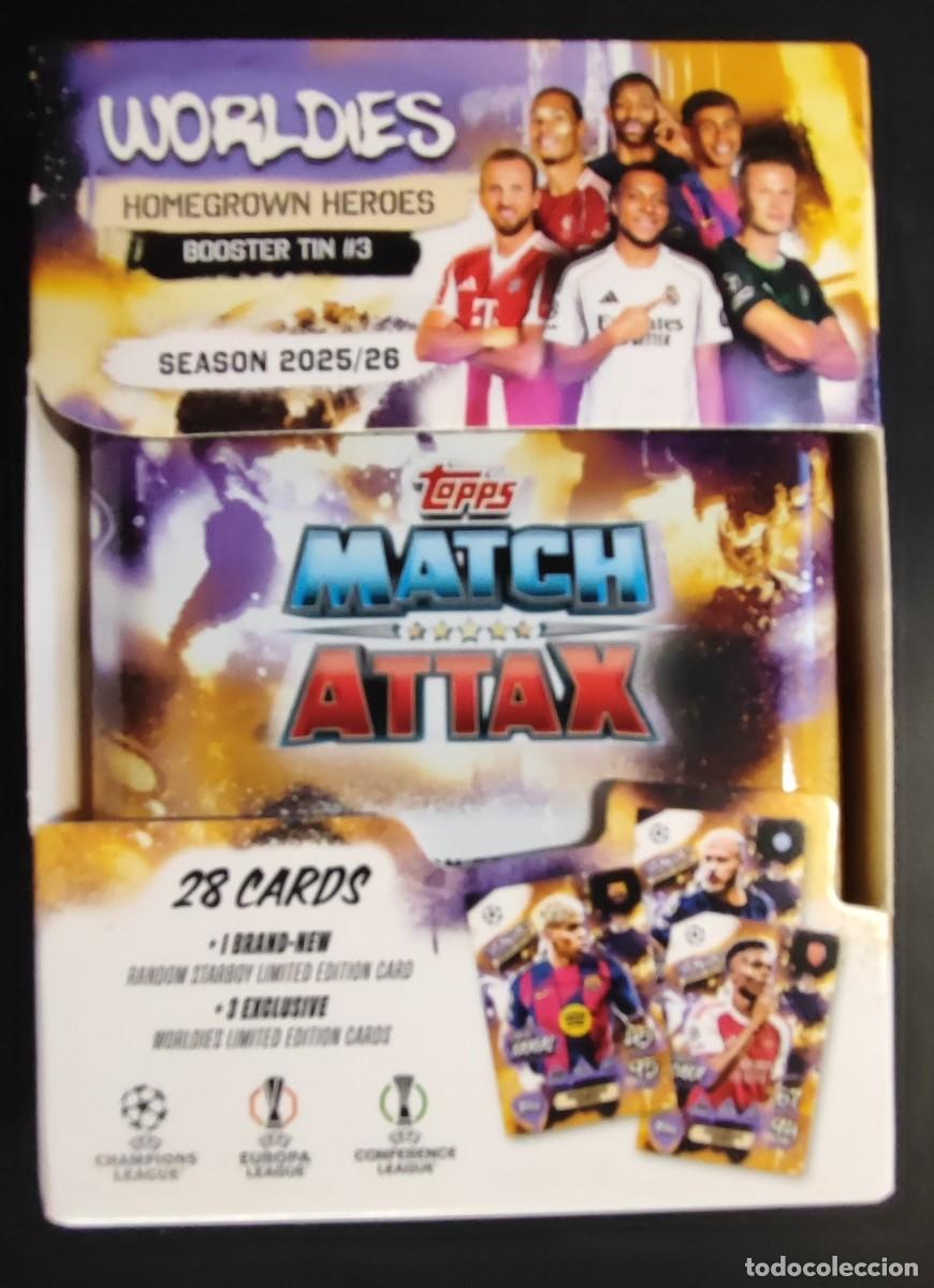 Cromos de F&uacute;tbol: MATCH ATTAX SEASON 2025/26 LATA SIN ABRIR WORLDIES 28 CARDS INCLUYE CARD DE LAMINE YAMAL , TOPPS