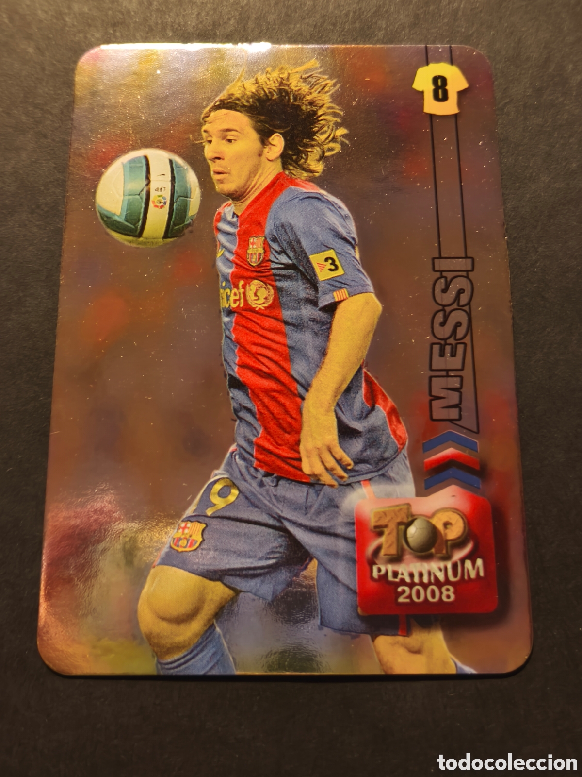 Football Stickers: N&ordm; 758 MESSI TOP PLATINUM FC BARCELONA MUNDICROMO 2008 VERSION FONDO BRILLO LISO