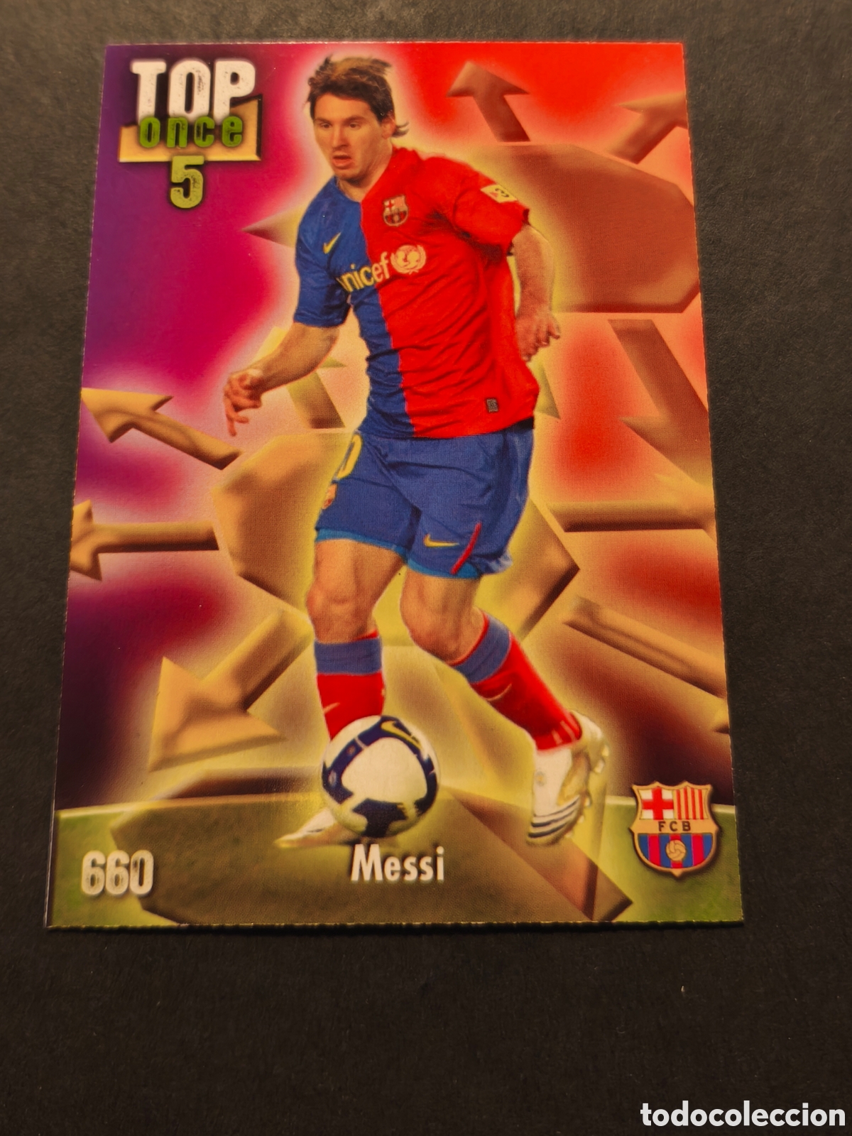 Football Stickers: N&ordm; 660 MESSI TOP ONCE FC BARCELONA MUNDICROMO 2009 VERSI&Oacute;N FONDO MATE