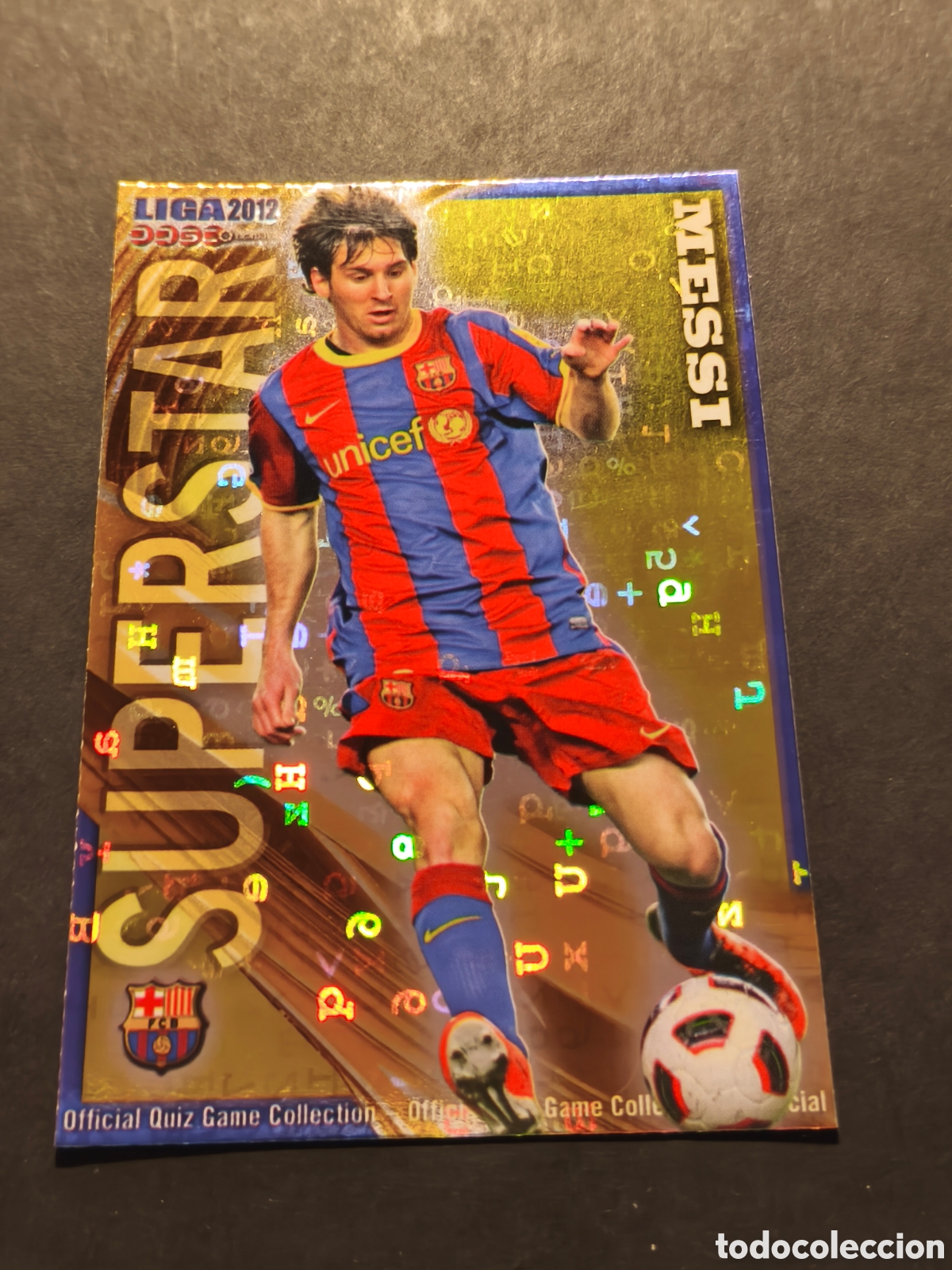 Football Stickers: N&ordm; 26 MESSI SUPER STAR FC BARCELONA MUNDICROMO 2012 VERSI&Oacute;N FONDO LETRAS