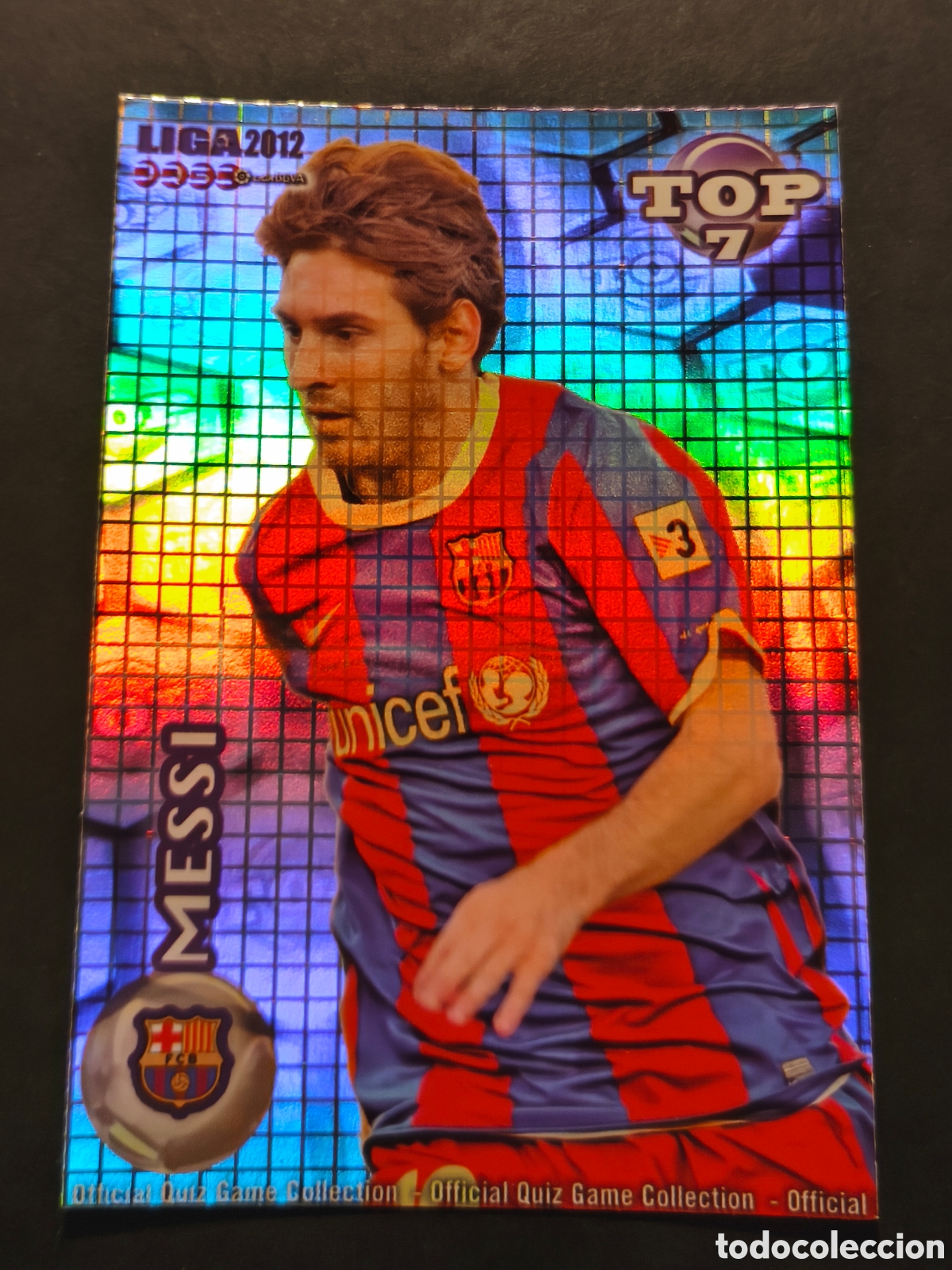 Football Stickers: N&ordm; 595 MESSI TOP 7 FC BARCELONA MUNDICROMO 2012 VERSION AZUL CUADROS