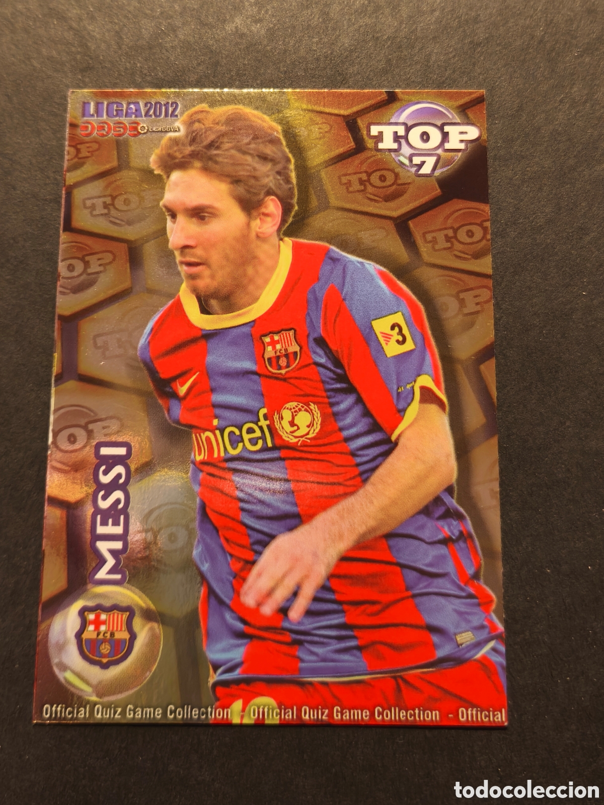 Football Stickers: N&ordm; 595 MESSI TOP 7 FC BARCELONA MUNDICROMO 2012 VERSION FONDO DORADO