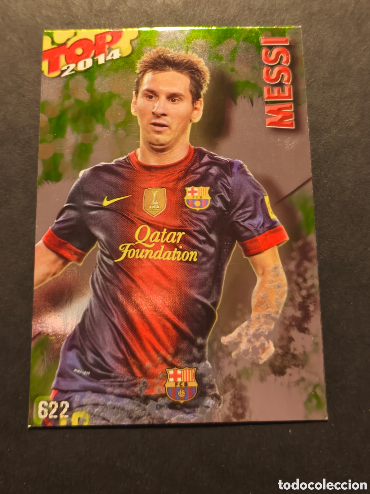 Football Stickers: N&ordm; 622 MESSI TOP 2014 FC BARCELONA MUNDICROMO 2014 VERSI&Oacute;N FONDO VERDE