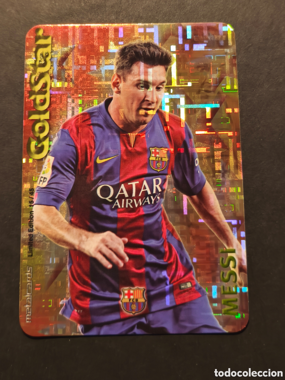 Football Stickers: MESSI GOLDSTAR FC BARCELONA MUNDICROMO 2015 VERSI&Oacute;N FONDO TETRIS
