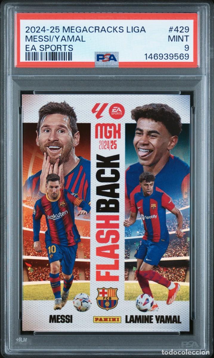 Cromos de F&uacute;tbol: Messi Lamine Yamal #429 Panini Megacracks 2024 2025 Flash Back PSA 9