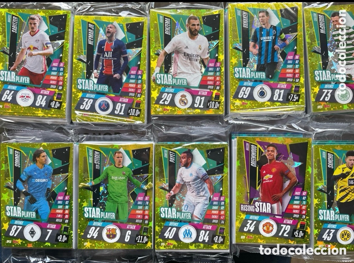 Fu&szlig;ball-Sticker: Lote 10 Pack 34 cards Star Player-Rising Star Topps Match Attax 2020-21 contiene 7 cards especiales