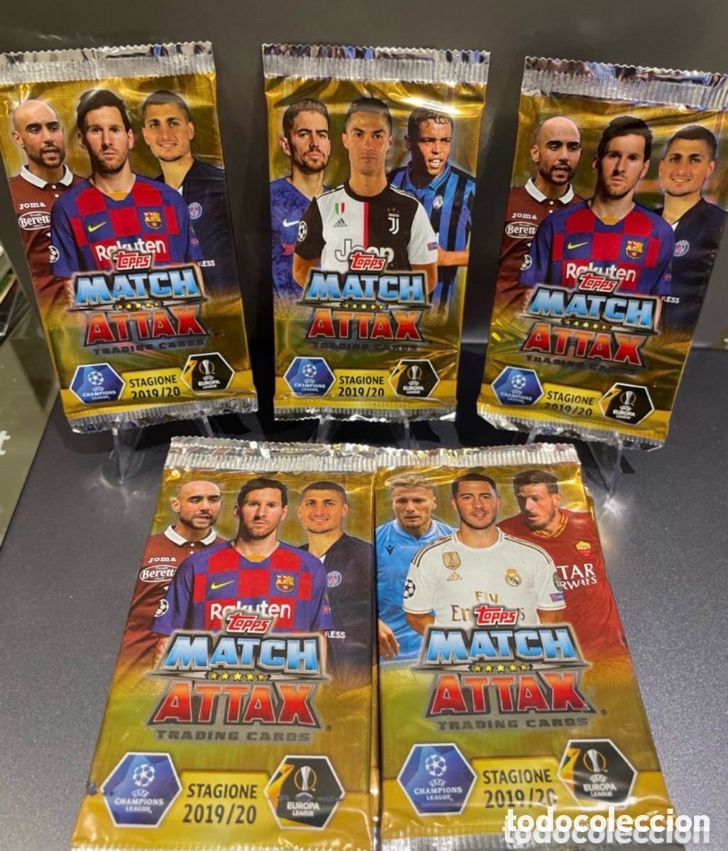 Cromos de F&uacute;tbol: Lote 30 sobres Match Attax 2019-20 Topps Messi Cristiano Ronaldo Mbappe