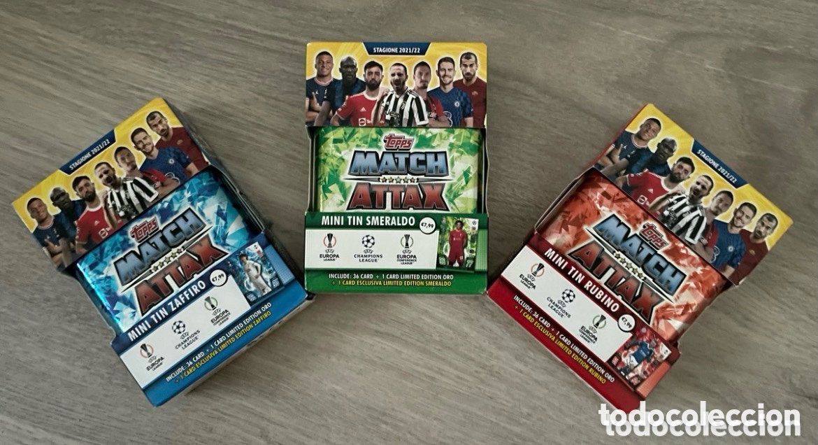 Football Stickers: Lote 3 latas exclusivas Match Attax 2021-22 UCL Esmeralda, Zafiro y Rubi TOPPS