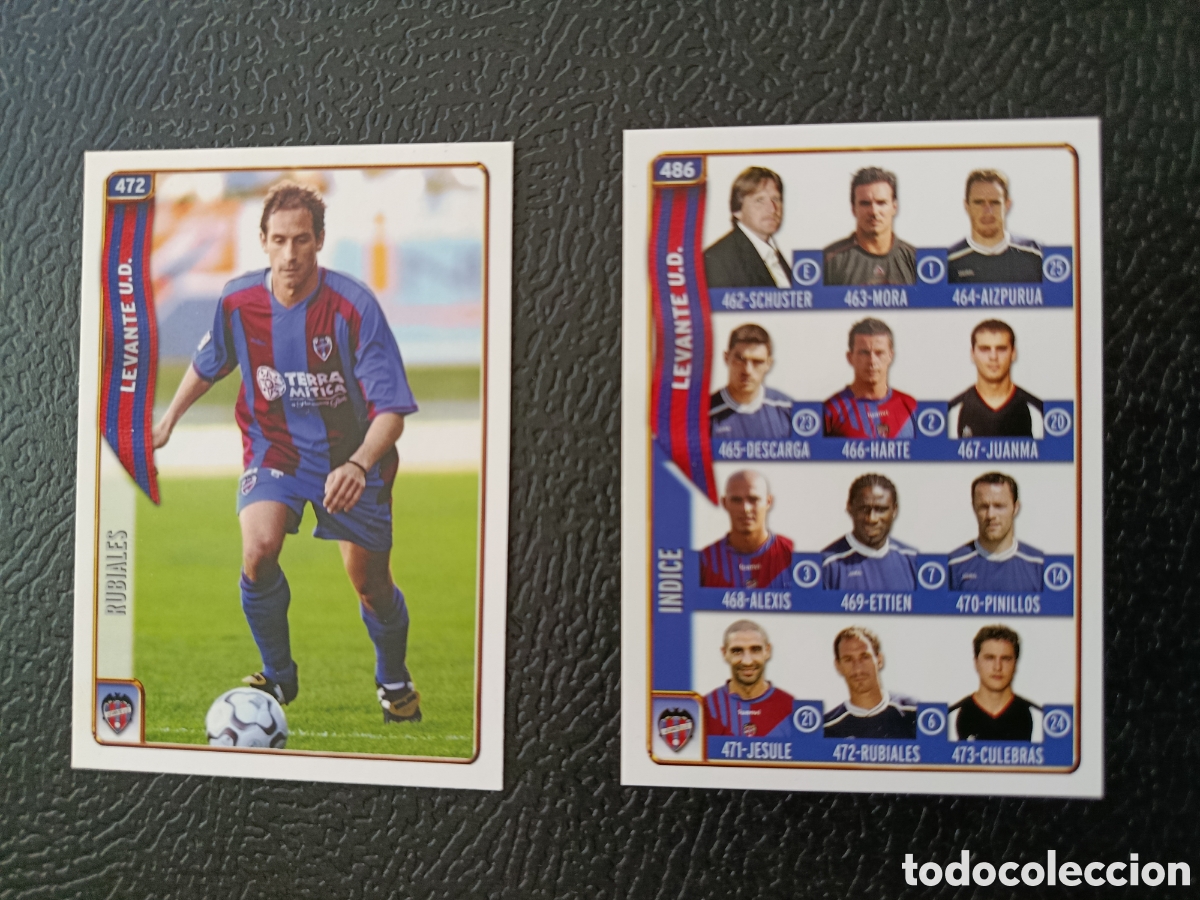 Cromos de F&uacute;tbol: RUBIALES + INDICE LEVANTE U. D., LA FICHAS DE LA LIGA 2005, INDICE 486, MUNDICROMO SPORT 2004 / 2005