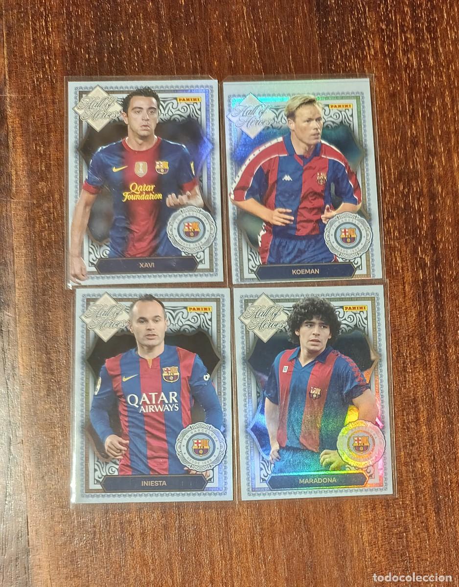 Cromos de F&uacute;tbol: Lote 4 cartas Panini club 25 26 Hall of Heroes del FC Barcelona. Xavi, Koeman, Iniesta Maradonamarad
