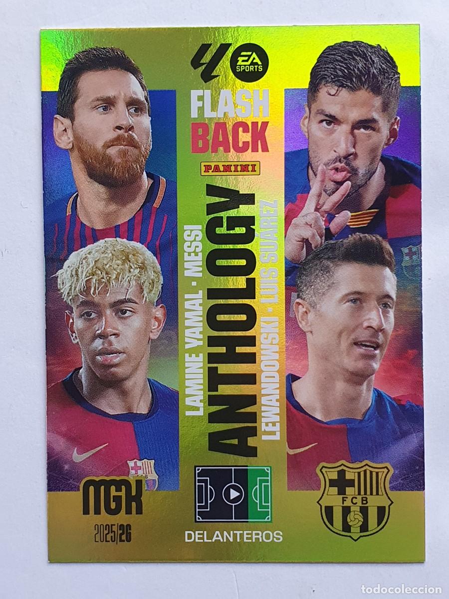 Cromos de F&uacute;tbol: Flash Back ANTHOLOGY #438 MESSI-LUIS SU&Aacute;REZ-YAMAL-LEWANDOWSKI (Barcelona) Panini MGK La Liga 2025-26