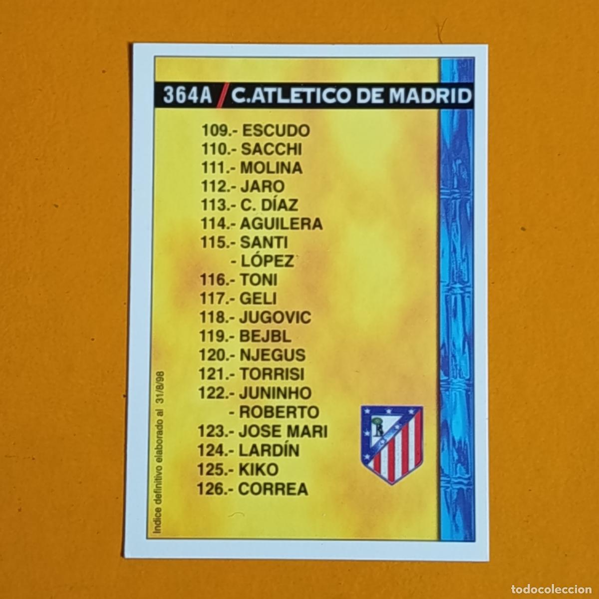 Cromos de F&uacute;tbol: 364A/B &Iacute;NDICE ATLETICO DE MADRID//REAL BETIS. LAS FICHAS DE LA LIGA 98-99. MUNDICROMO