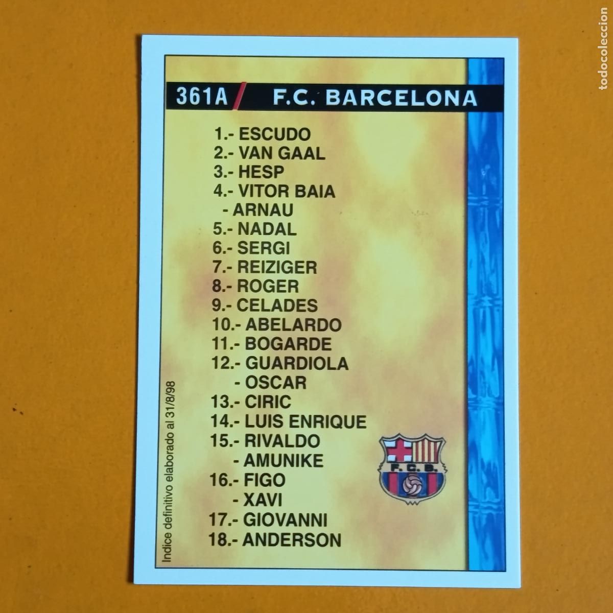 Cromos de F&uacute;tbol: 361A/B &Iacute;NDICE F.C. BARCELONA//ATHLETIC CLUB BILBAO. LAS FICHAS DE LA LIGA 98-99. MUNDICROMO