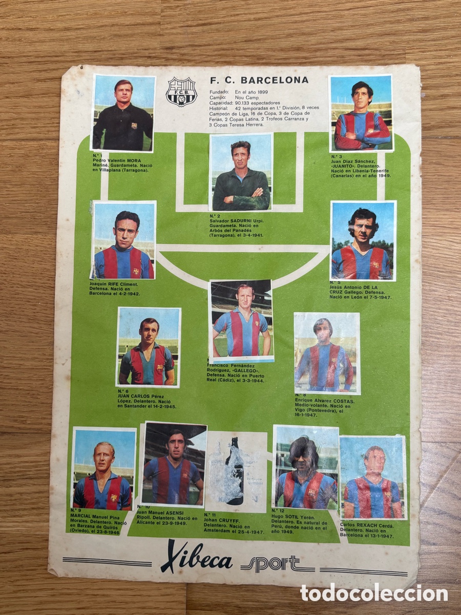Cromos de F&uacute;tbol: Hoja BARCELONA &aacute;lbum XIBECA CRUYFF 1974 . Con 12 cromos pegado .