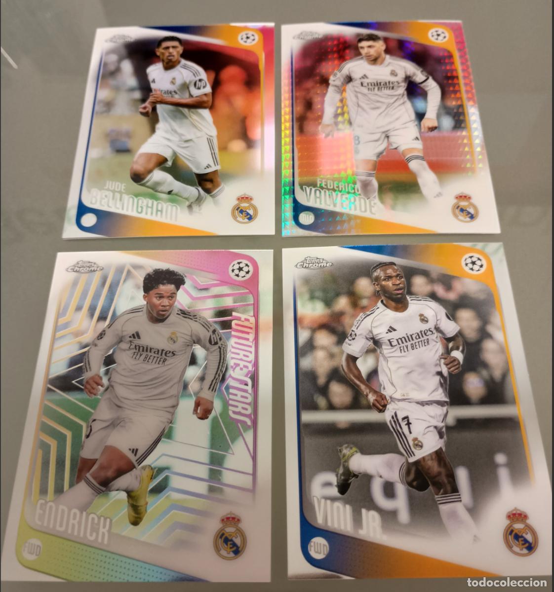Cromos de F&uacute;tbol: Lote 4 cards R. Madrid (Bellingham, Valverde, Vinicius y Endrick) Topps Chrome UCC 2025-26