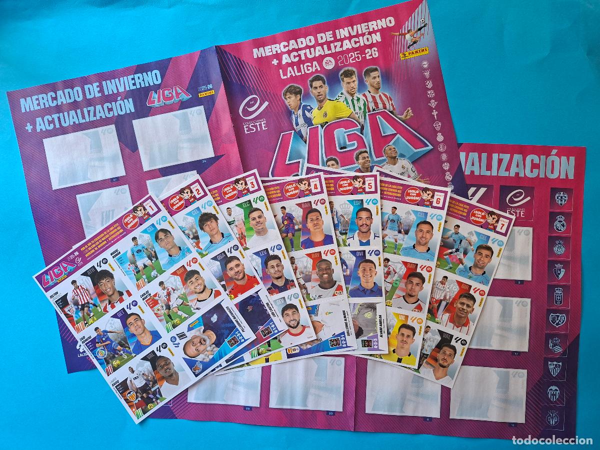 Cromos de F&uacute;tbol: Mini &Aacute;lbum COMPLETO 7 Laminas JUG&Oacute;N 42 Stickers Mercado de Invierno Panini LIGA ESTE 2025-26
