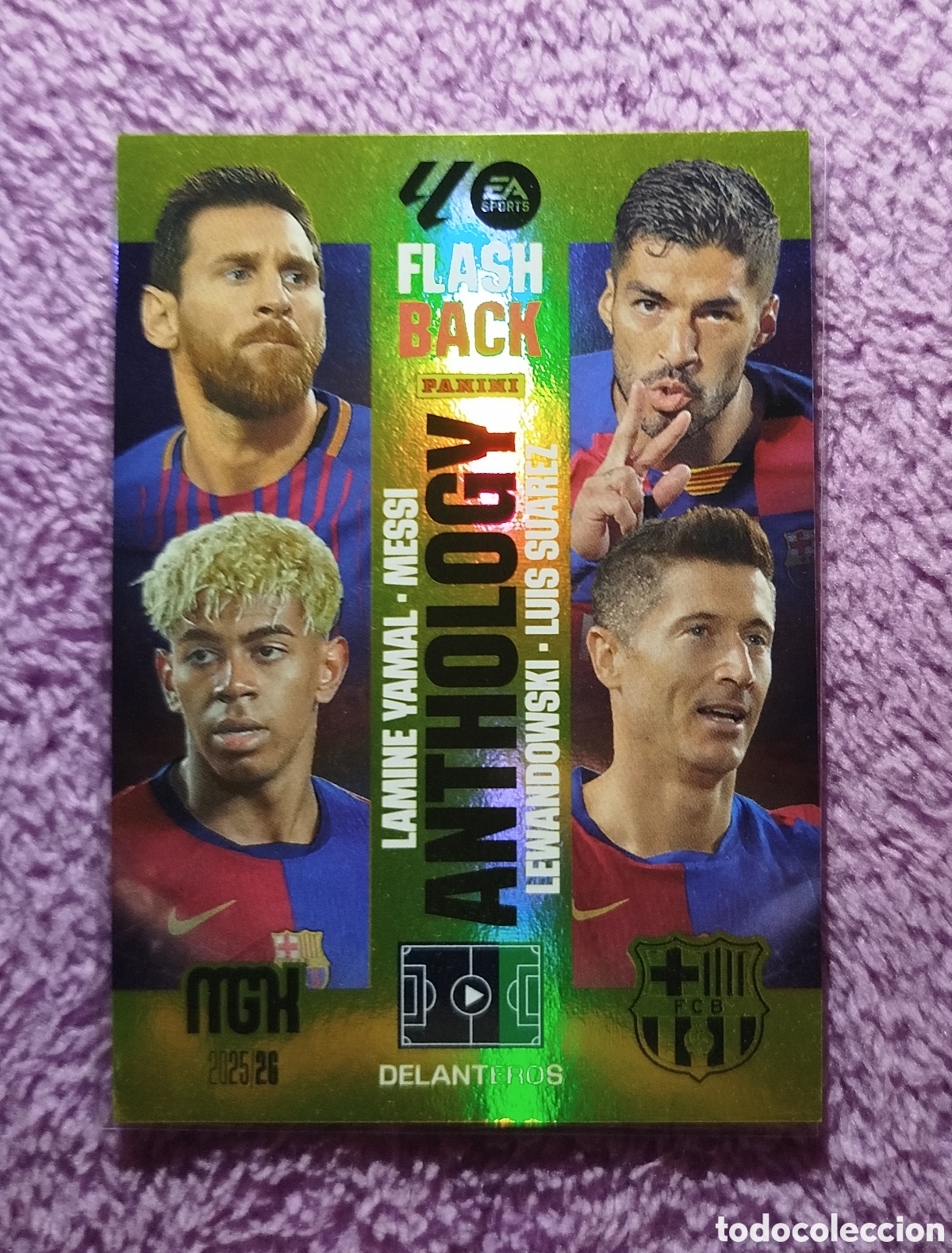 Cromos de F&uacute;tbol: Cromo de futbol. Messi, Lamine, Lewandowski, Su&aacute;rez.
