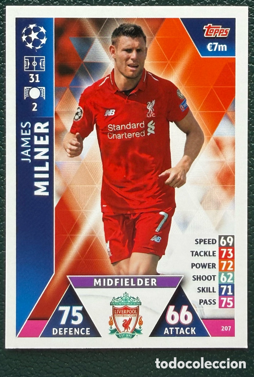 Football Stickers: 207 JAMES MILNER LIVERPOOL FC FICHAS ALBUM MATCH ATTAX CHAMPIONS TOPPS 2018 2019 18 19