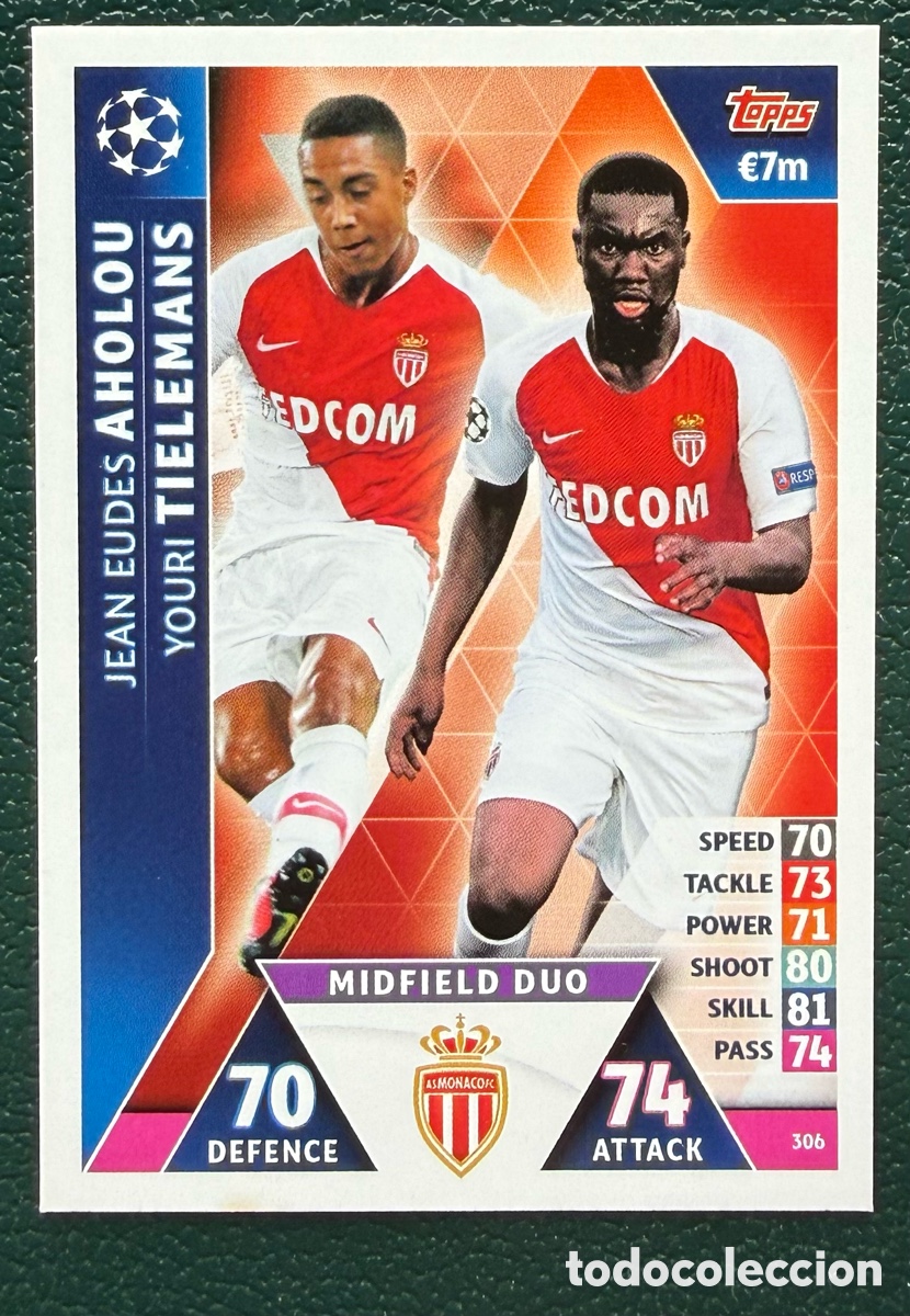 Cartes &agrave; collectionner de Football: 306 AHOLOU / TIELEMANS AS MONACO FICHAS ALBUM MATCH ATTAX CHAMPIONS TOPPS 2018 2019 18 19