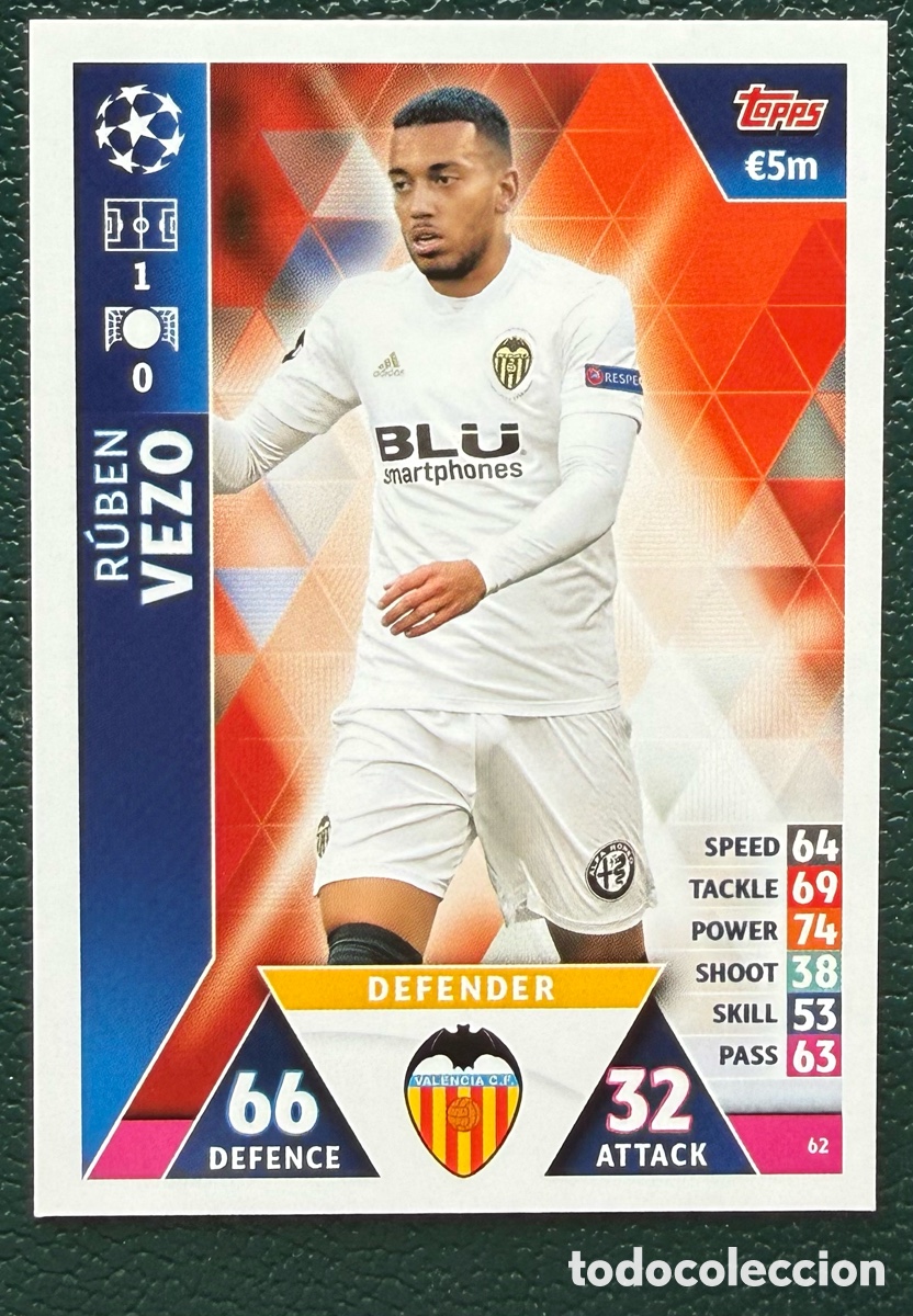 Cartes &agrave; collectionner de Football: 62 RUBEN VEZO VALENCIA CF FICHAS ALBUM MATCH ATTAX CHAMPIONS TOPPS 2018 2019 18 19