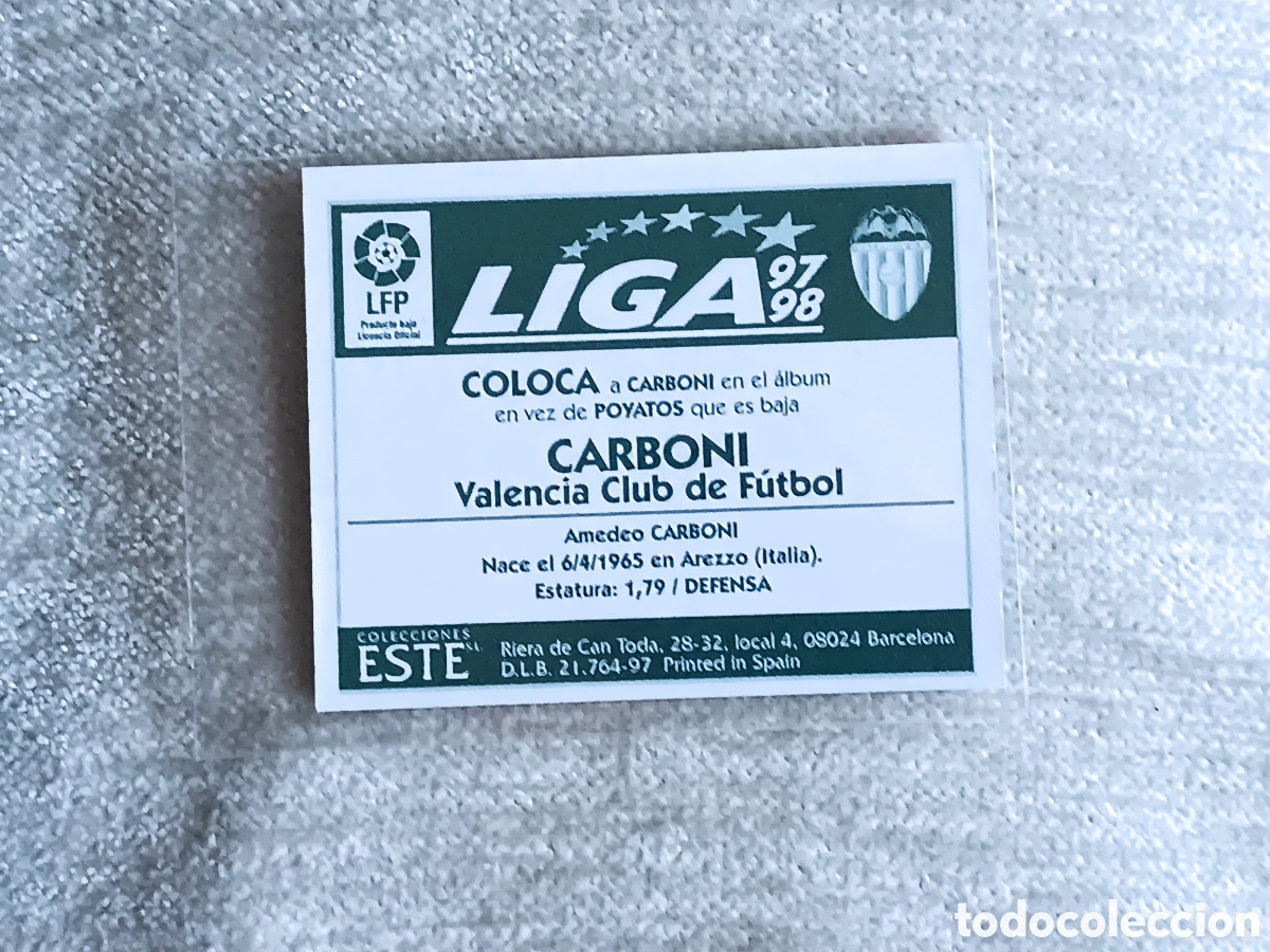 Cromos de f&uacute;tbol: Carboni. Coloca. 97 98. - Foto 2