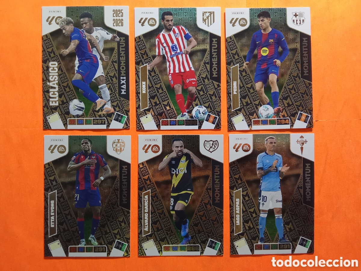 Cromos de Futebol: LOTE COMPLETO 6 MOMENTUM ADRENALYN 25-26 ETTA ASPAS PEDRI CLASICO ALVARO GARCIA Y KOKE
