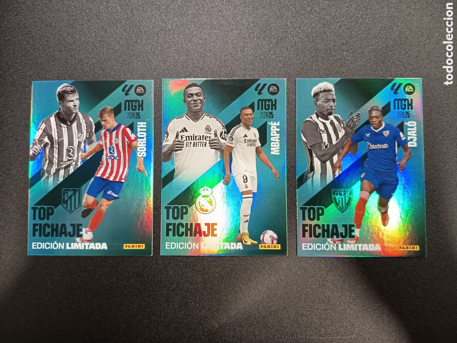 Cartes &agrave; collectionner de Football: 3 Cromos cards Edici&oacute;n Limitada Top Fichaje Mbapp&eacute; Djal&oacute; Sorloth Megacracks 2024-25 PANINI Jug&oacute;n 210