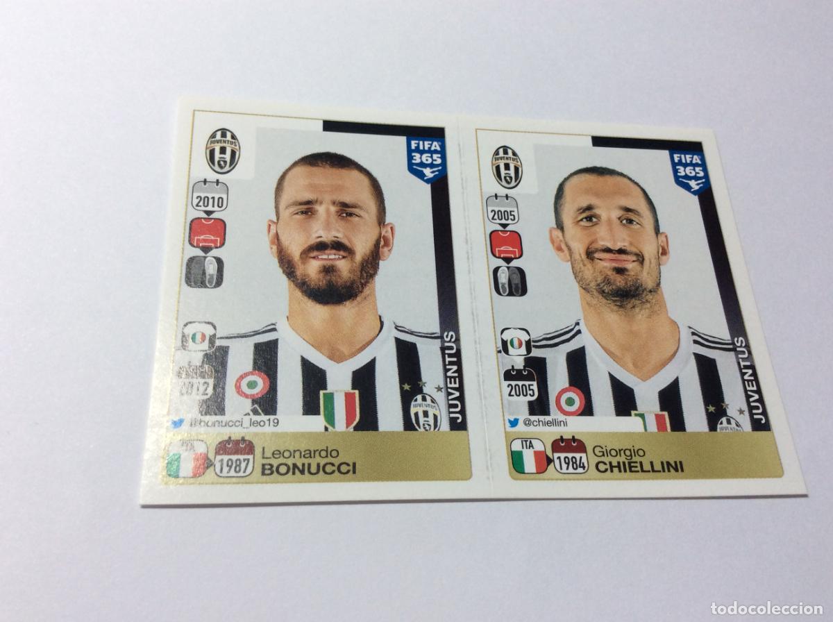 Cromos de F&uacute;tbol: 554 555 Leonardo Bonucci Giorgio Chiellini Juventus FIFA 365 2015 2016 PANINI