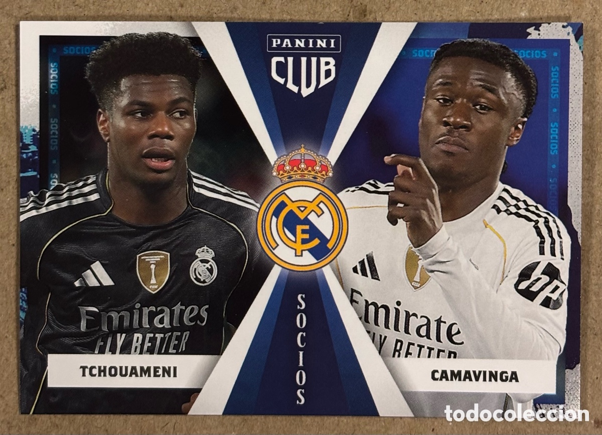 Fu&szlig;ball-Sticker: TCHOUAMENI & CAMAVINGA (REAL MADRID). CARTA SOCIOS COLECCI&Oacute;N REAL MADRID PANINI CLUB 2025/26.
