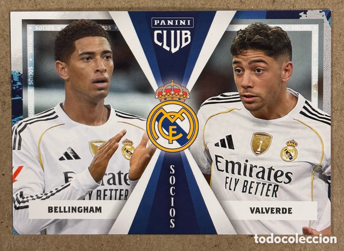 Fu&szlig;ball-Sticker: BELLINGHAM & VALVERDE (REAL MADRID). CARTA SOCIOS COLECCI&Oacute;N REAL MADRID PANINI CLUB 2025/26.