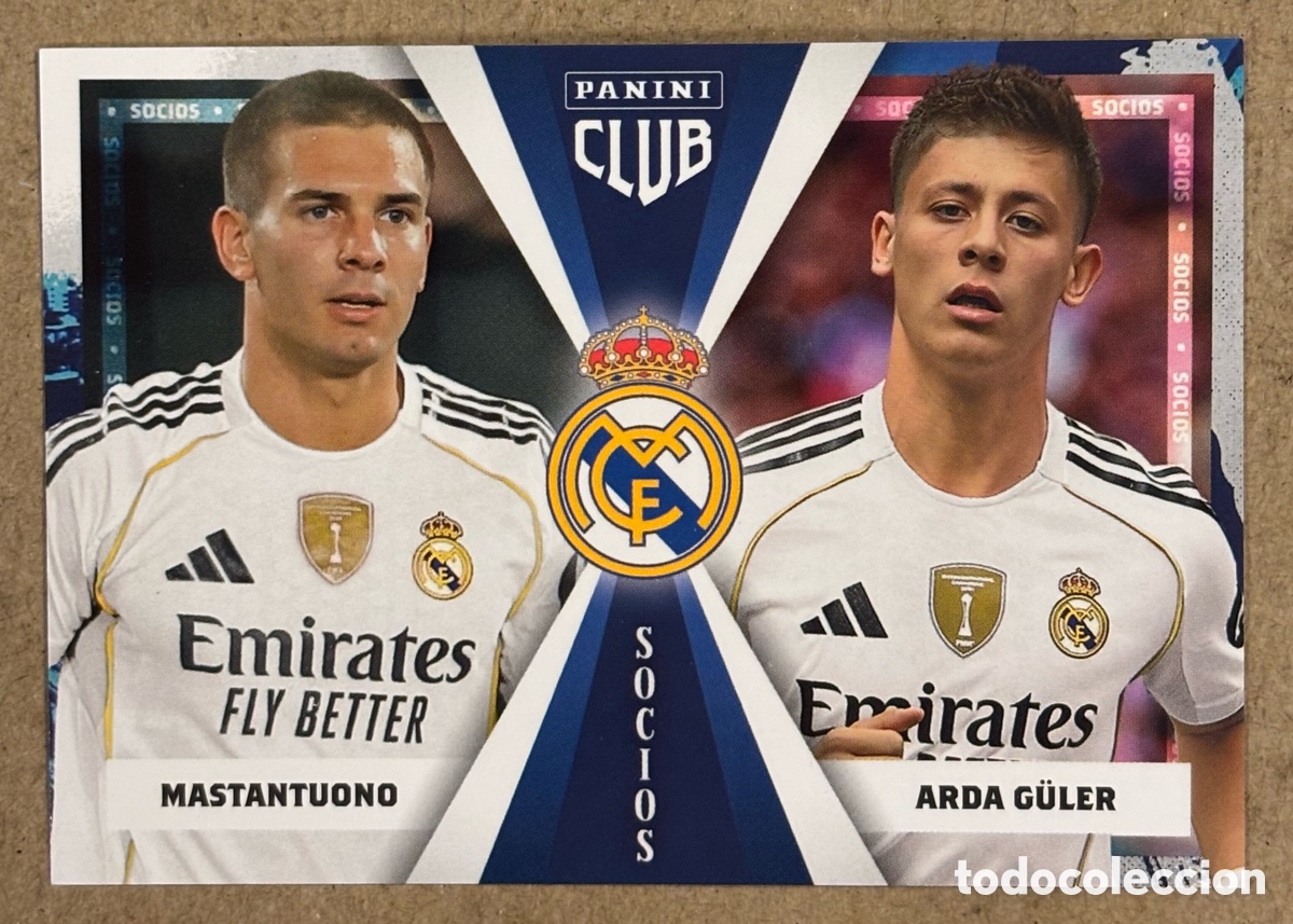 Fu&szlig;ball-Sticker: MASTANTUONO & ARDA GULER (REAL MADRID). CARTA SOCIOS COLECCI&Oacute;N REAL MADRID PANINI CLUB 2025/26