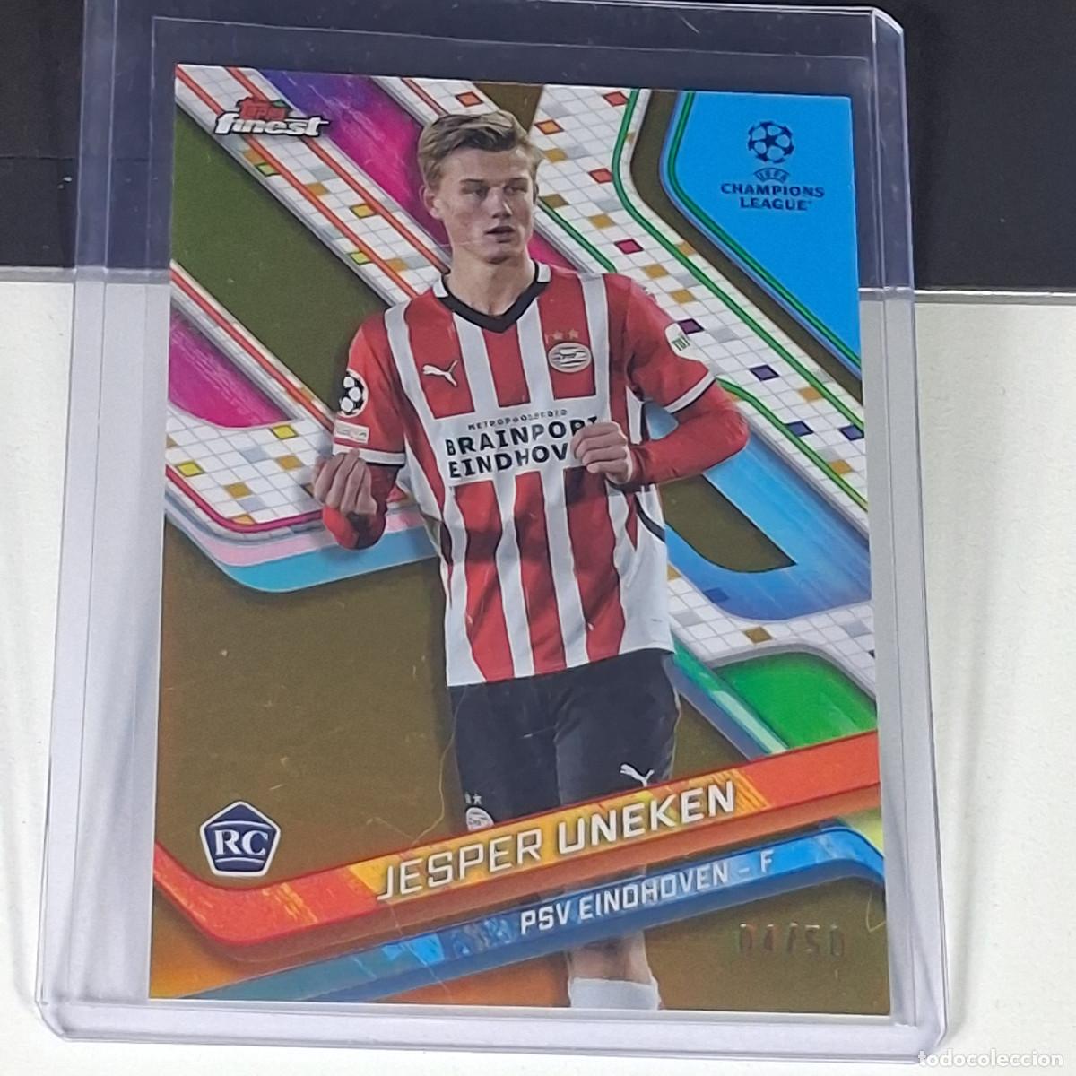 Cartes &agrave; collectionner de Football: 24 JESPER UNEKEN RC NUMERADA /50 PSV EINDHOVEN 2024-25 TOPPS FINEST UEFA PARALELA PARALEL