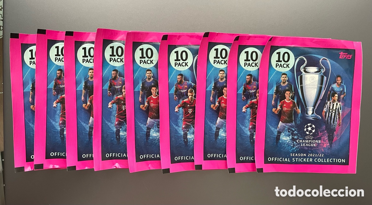 Cromos de F&uacute;tbol: Lote 9 sobres Topps UCL 2021-22 Messi Cristiano Mbappe