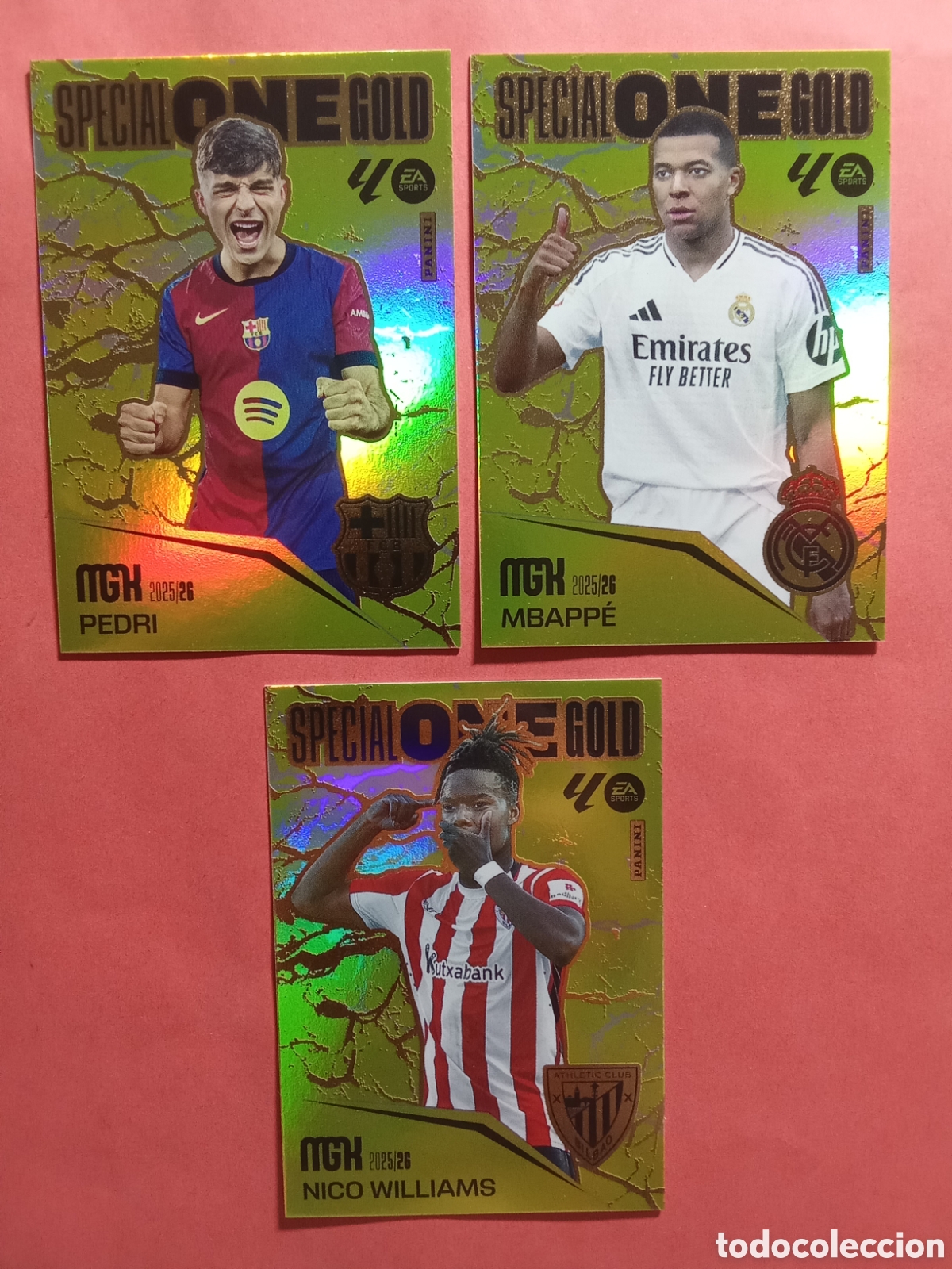 Cromos de F&uacute;tbol: LOTE SPECIAL ONE GOLD PEDRI NICO WILLIAMS Y MBAPPE MEGACRACKS 25-26