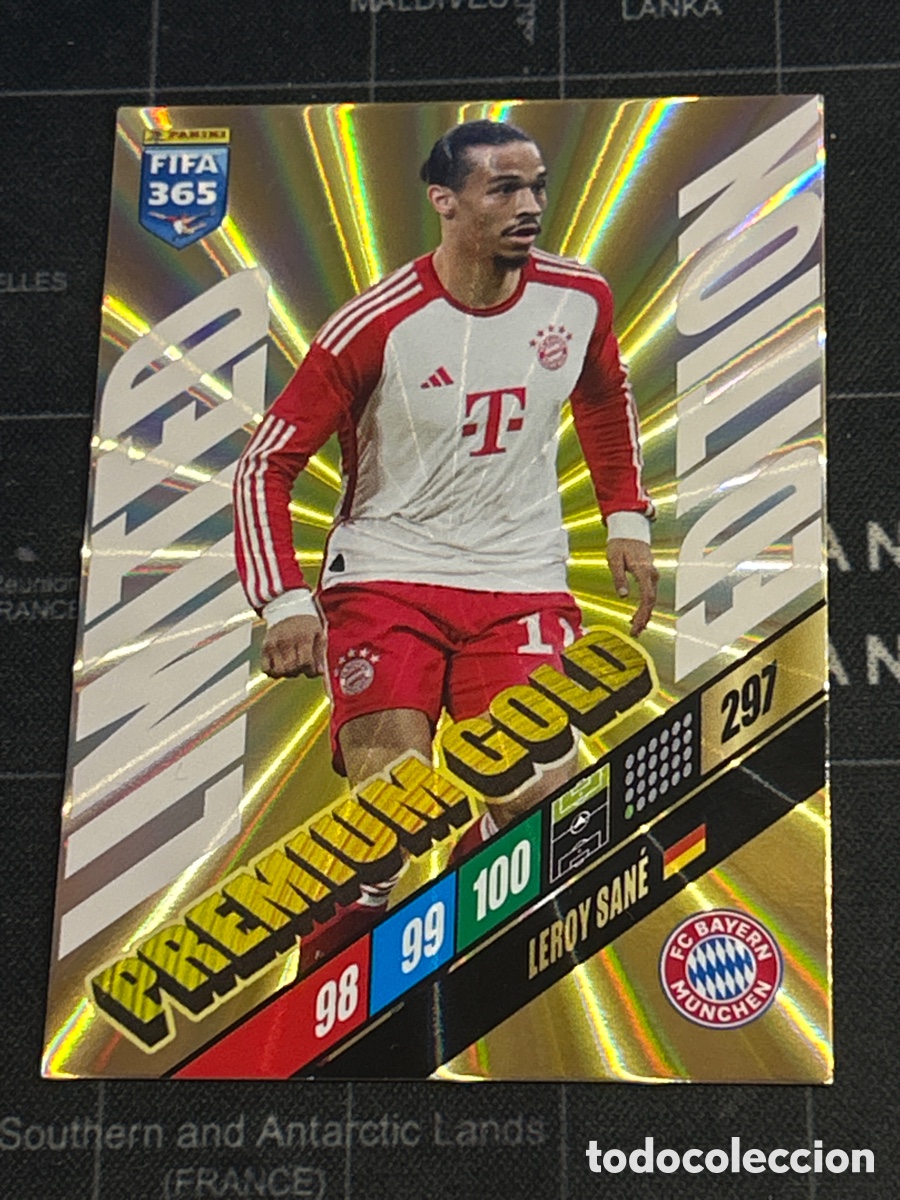 Cromos de F&uacute;tbol: LEROY SANE (BAYERN MUNICH) PREMIUM GOLD LIMITED EDITION PANINI ADRENALYN XL FIFA 365 2024 24