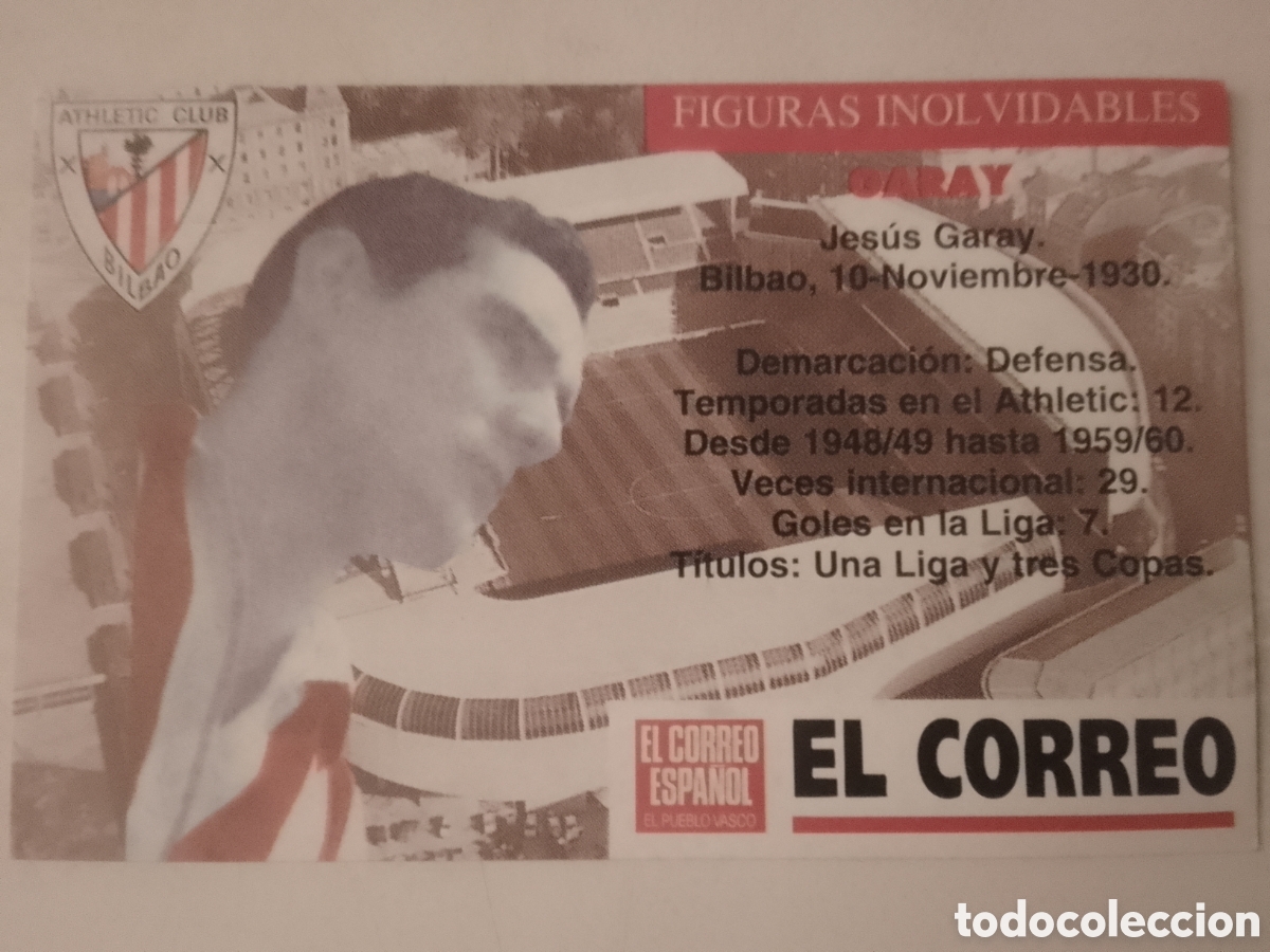 Cromos de F&uacute;tbol: Cromo El Correo Figuras Inolvidables Athletic Club Bilbao. GARAY.
