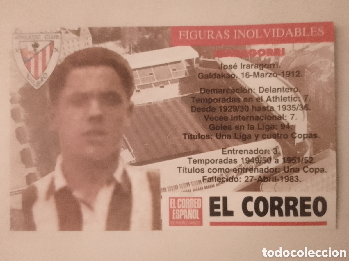 Cromos de F&uacute;tbol: Cromo El Correo Figuras Inolvidables Athletic Club Bilbao. IRARAGORRI.