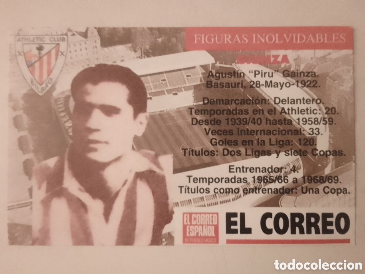 Cromos de F&uacute;tbol: Cromo El Correo Figuras Inolvidables Athletic Club. GAINZA.