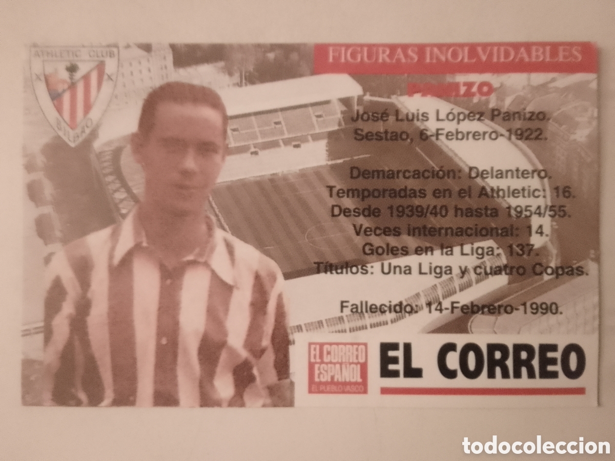Cartes &agrave; collectionner de Football: Cromo El Correo Figuras Inolvidables Athletic Club Bilbao. PANIZO.