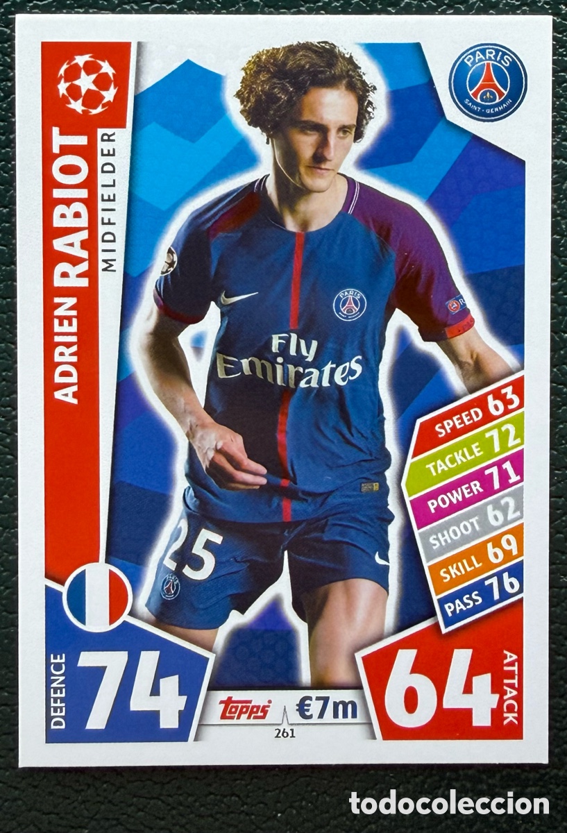 Fu&szlig;ball-Sticker: 261 ADRIEN RABIOT PARIS SAINT GERMAIN PSG FICHAS ALBUM MATCH ATTAX CHAMPIONS TOPPS 2017 2018 17 18