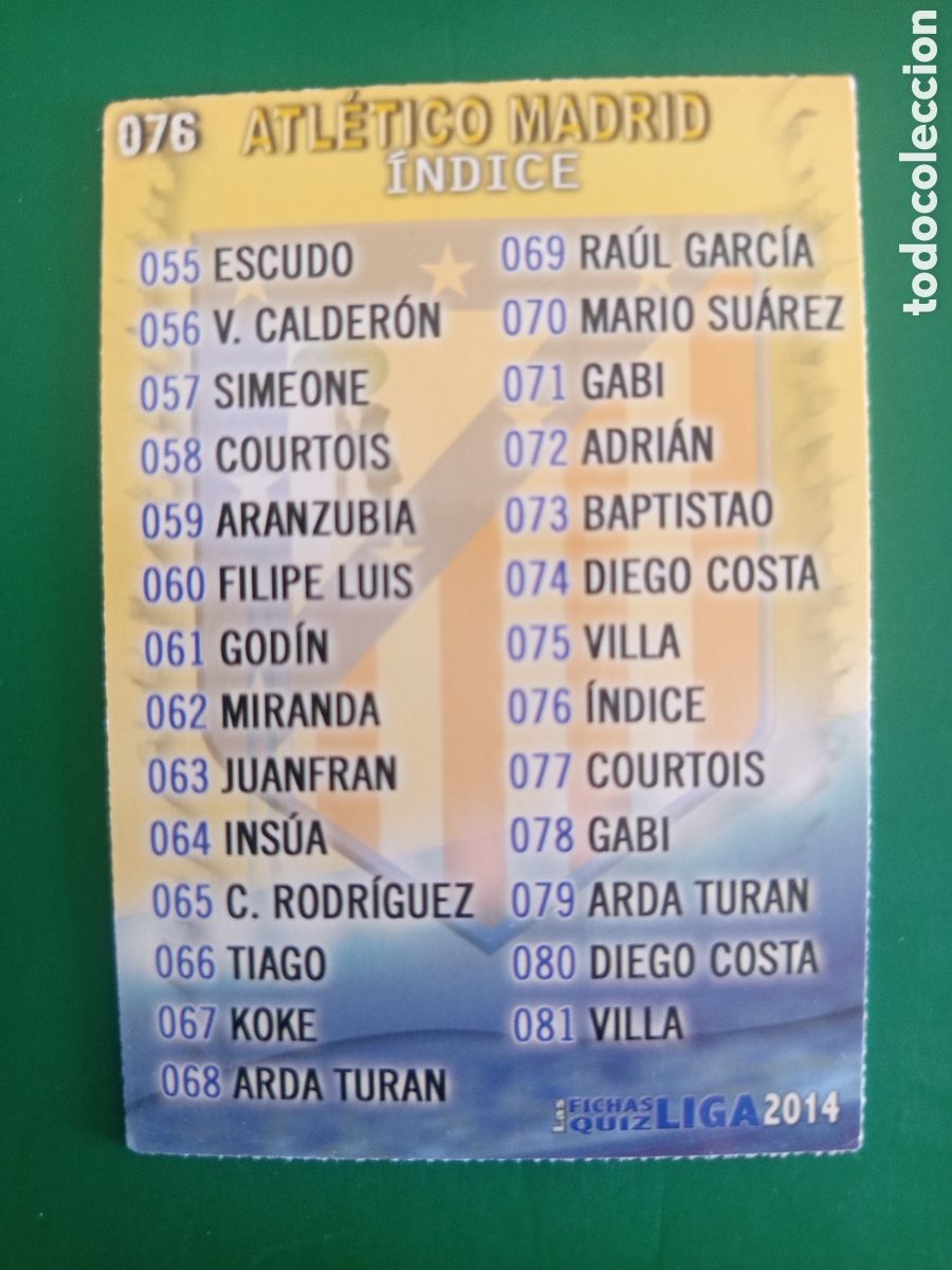 Cromos de F&uacute;tbol: ❇️ CROMO ⚽ &Iacute;NDICE ATL&Eacute;TICO DE MADRID 76 FICHAS LIGA QUIZ GAME 2014 13 14 2013 2014 MUNDICROMO ❇️