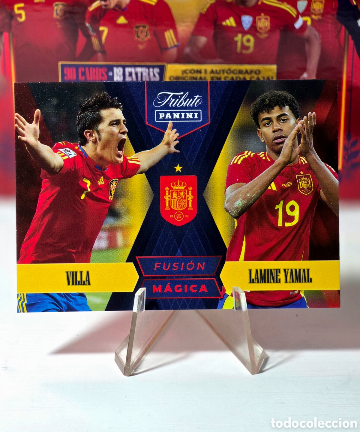 Cromos de F&uacute;tbol: Lamine Yamal & David Villa Fusi&oacute;n M&aacute;gica Tributo Panini Selecci&oacute;n Espa&ntilde;ola (2010-2026) Vamos Campeon