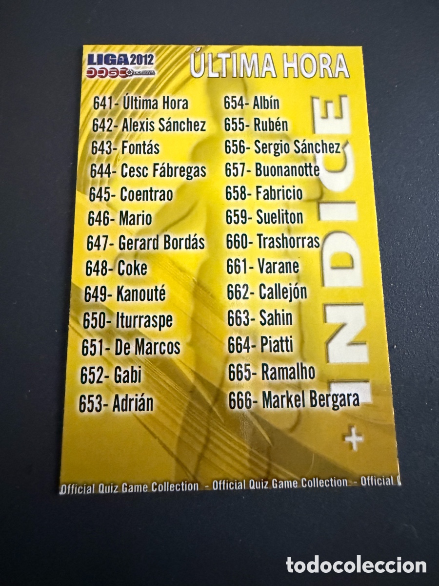 Cromos de F&uacute;tbol: MUNDICROMO 2012. n 641. &Iacute;ndice ULTIMA HORA