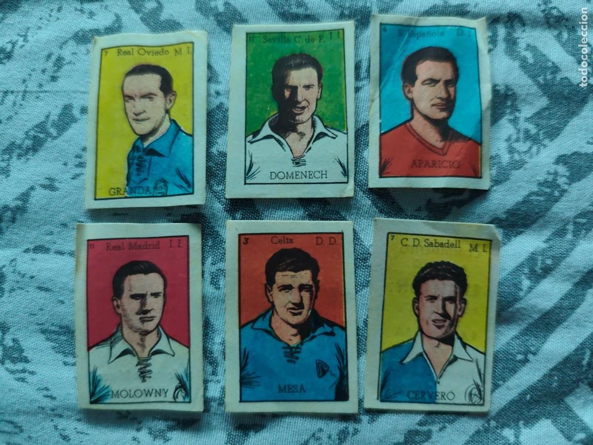 Cromos de F&uacute;tbol: 6 mini cromos Condimento amarillo El cicl&oacute;n. La Baraja. Novelda
